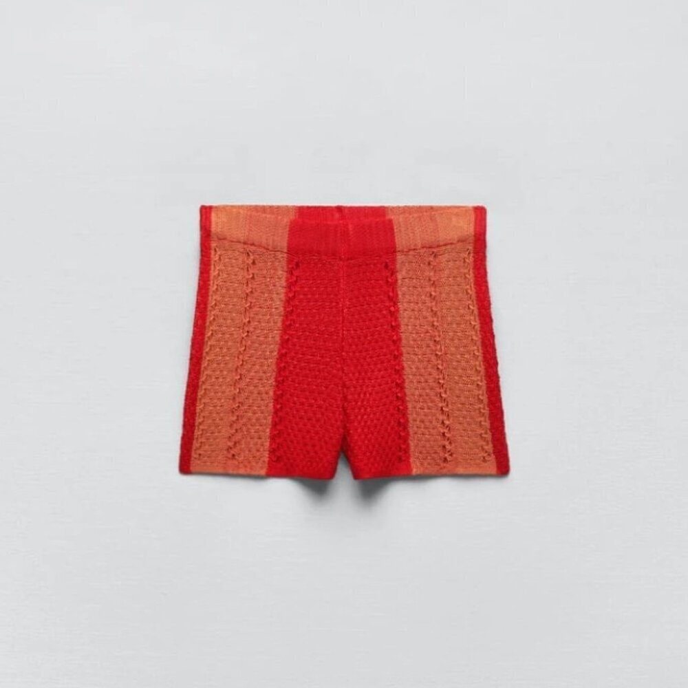 NWOT Zara crochet-like open weave knit-like striped elastic high waist shorts, M - Picture 4 of 12